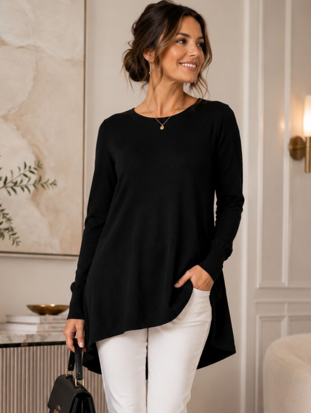 August Silk Black Curved Hem Lightweight Tunic Sweater Size XL